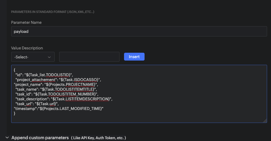 JSON payload configuration